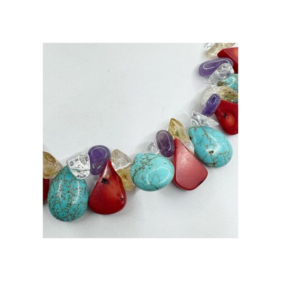 Turquoise Coral Amethyst Stone Collar Necklace Sterling Silver Southwest Boho - Picture 8 of 13